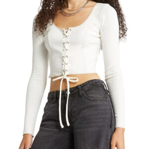 BP. Lace-up Long Sleeve Crop Top In Ivory Size M
